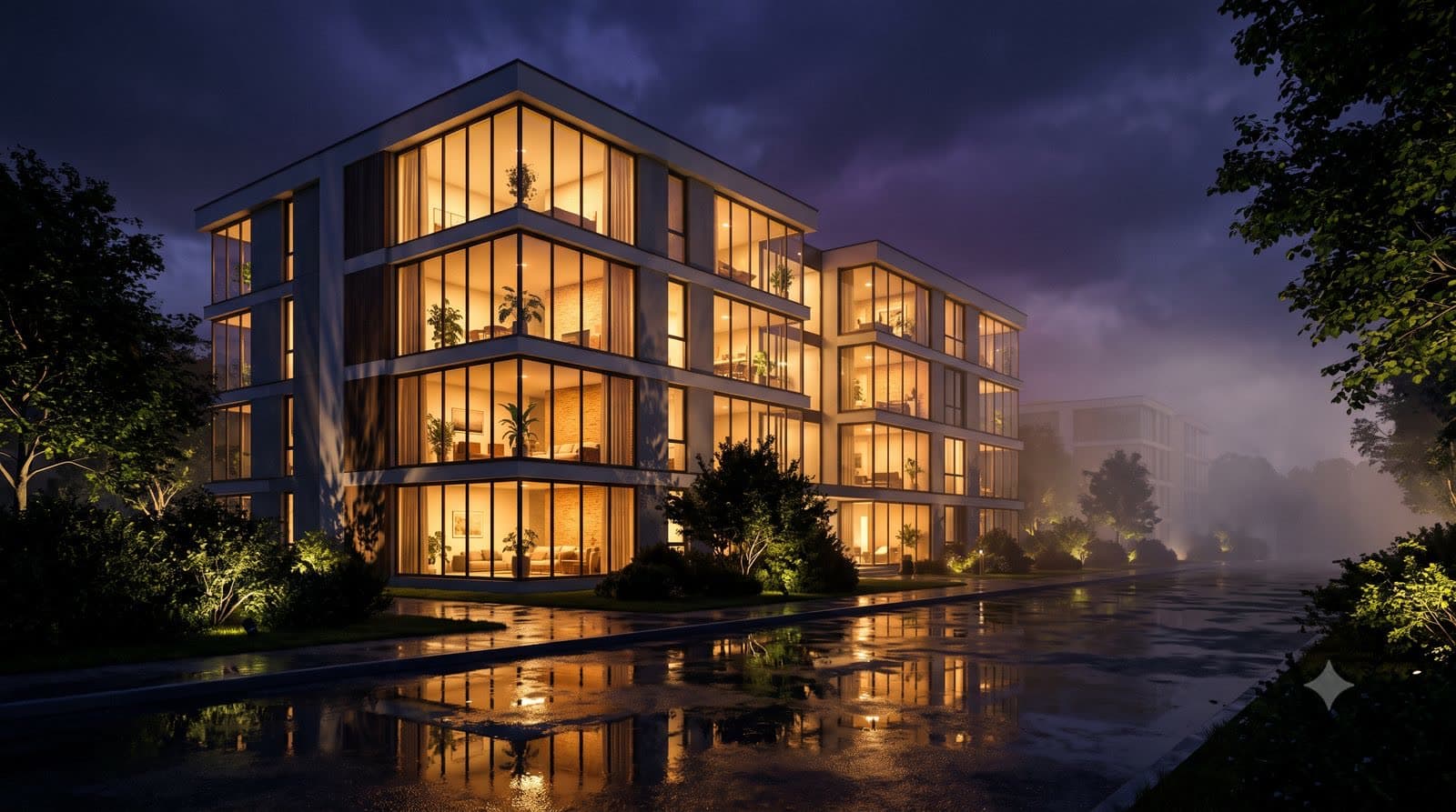 dış cephe gece render, cam yansıması aydınlatmalı bina