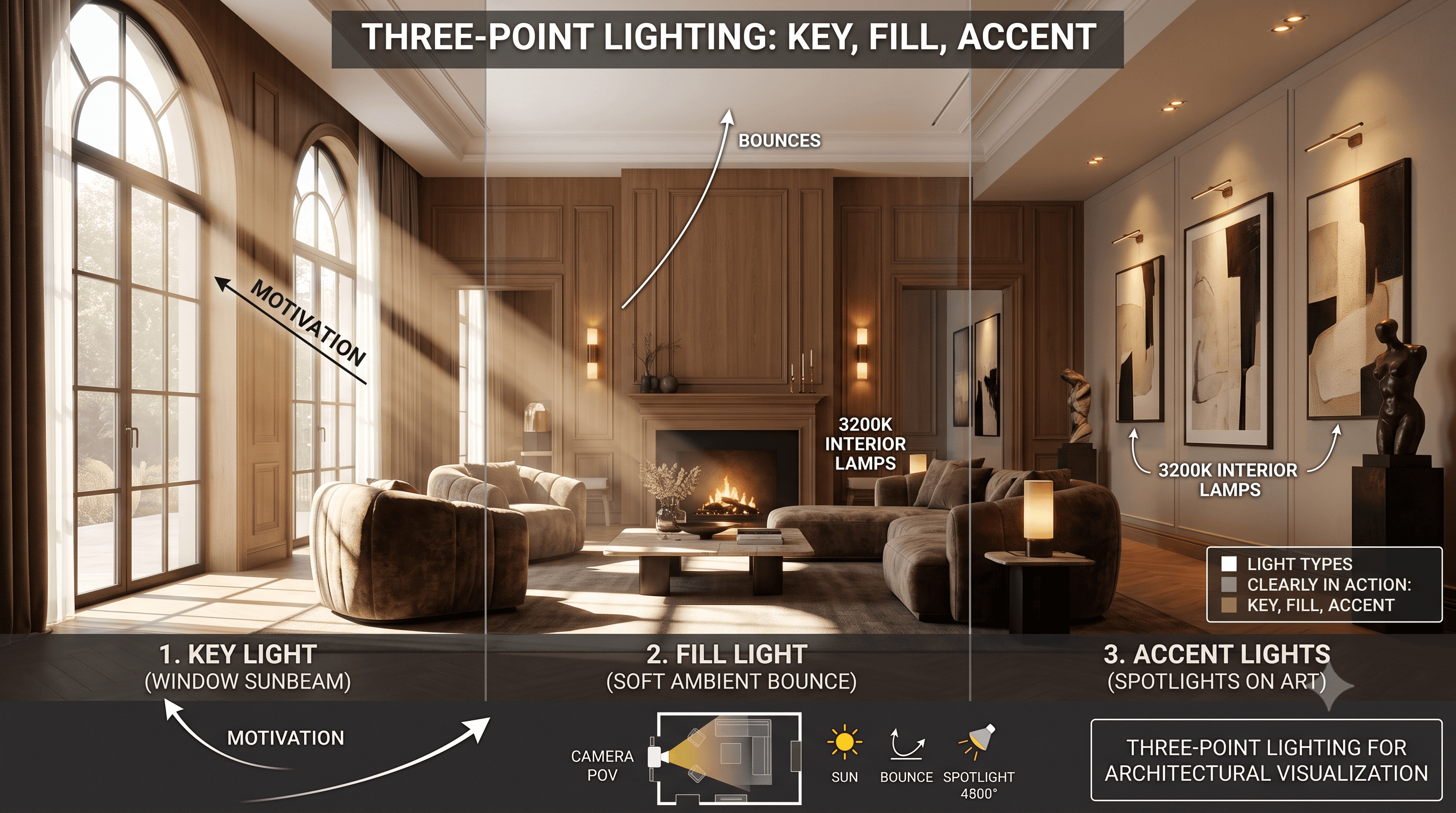 İç mekan ışık dengesi: key, fill ve accent üçlü aydınlatma sistemi