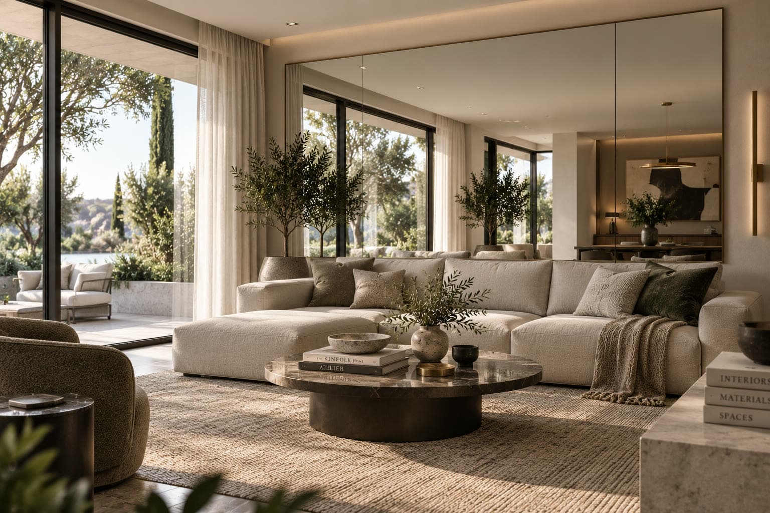 Büyük aynalarla derinlik kazandırılmış modern salon duvarı