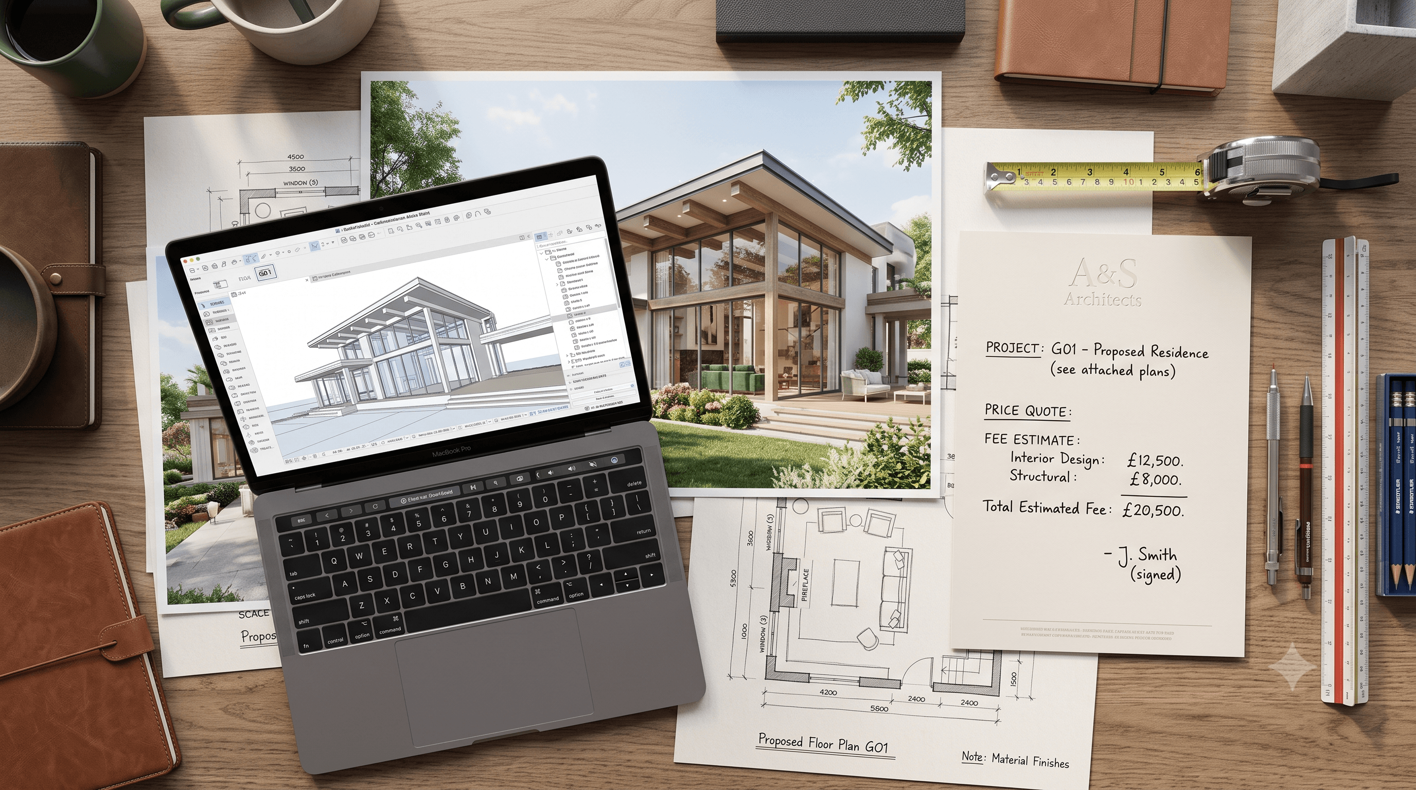 mimari render fiyat teklifi masası — mimar çalışma ortamı