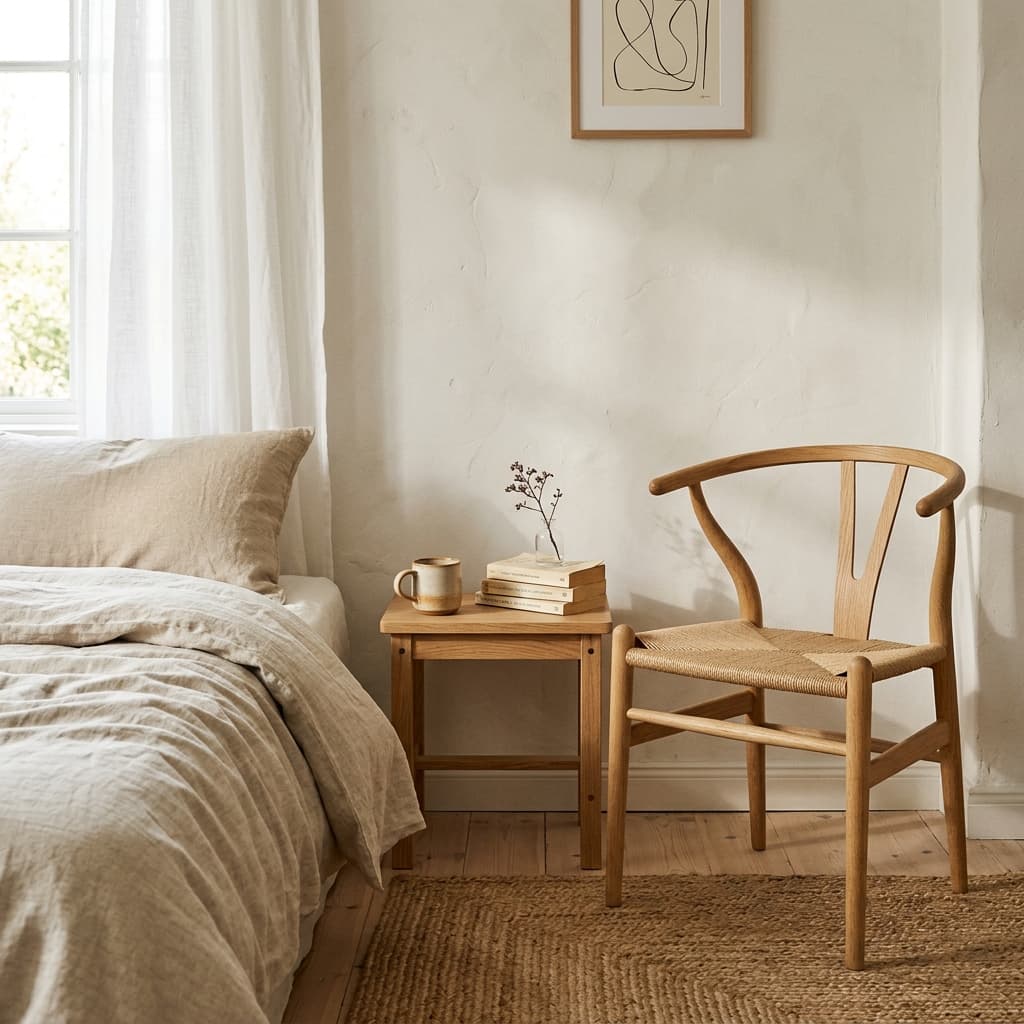 Minimalist bir yatak odasında keten dokuların ve doğal ışığın uyumu