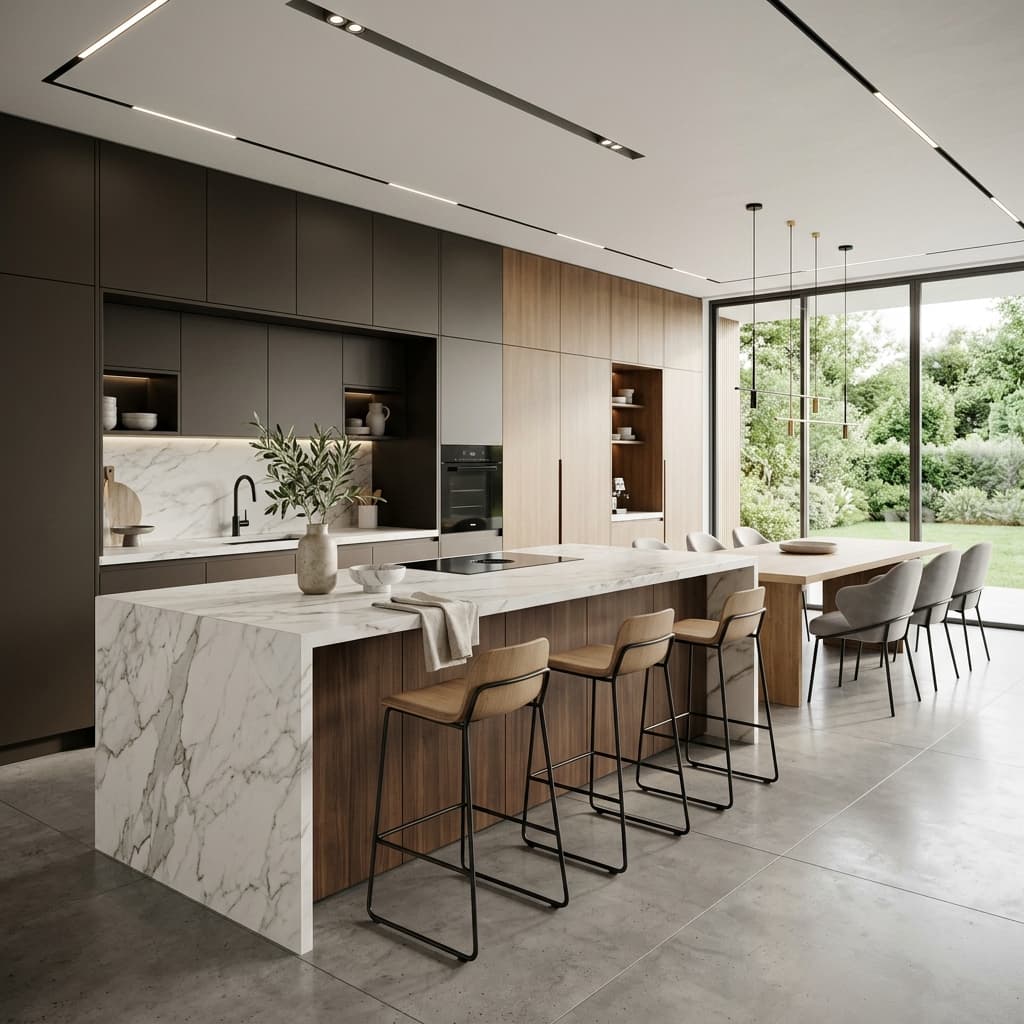 Modern ve minimalist bir mutfak adasında mermer ve metalin şık birlikteliği