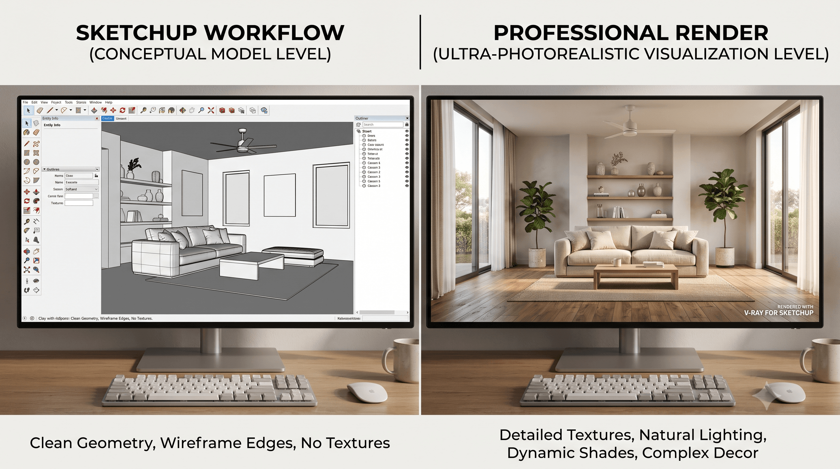 SketchUp 3D model ve render çıktısı dönüşüm karşılaştırması