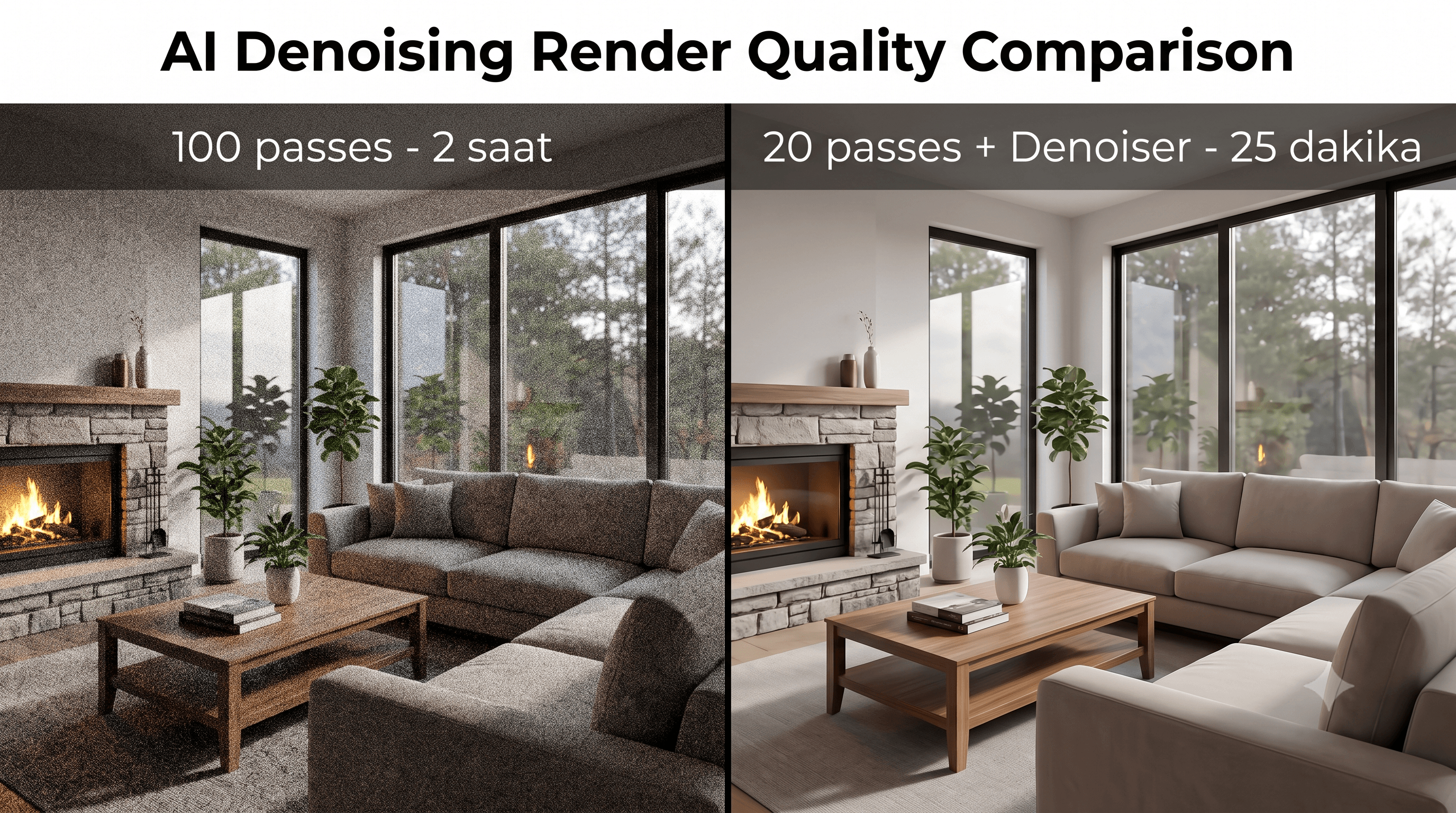 AI denoiser ile render gürültü temizleme kalite karşılaştırması