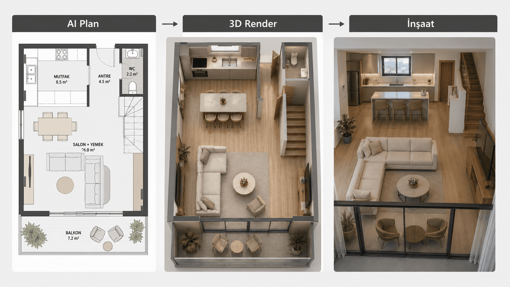 AI ev planından 3D render ve gerçek inşaata giden süreç karşılaştırması