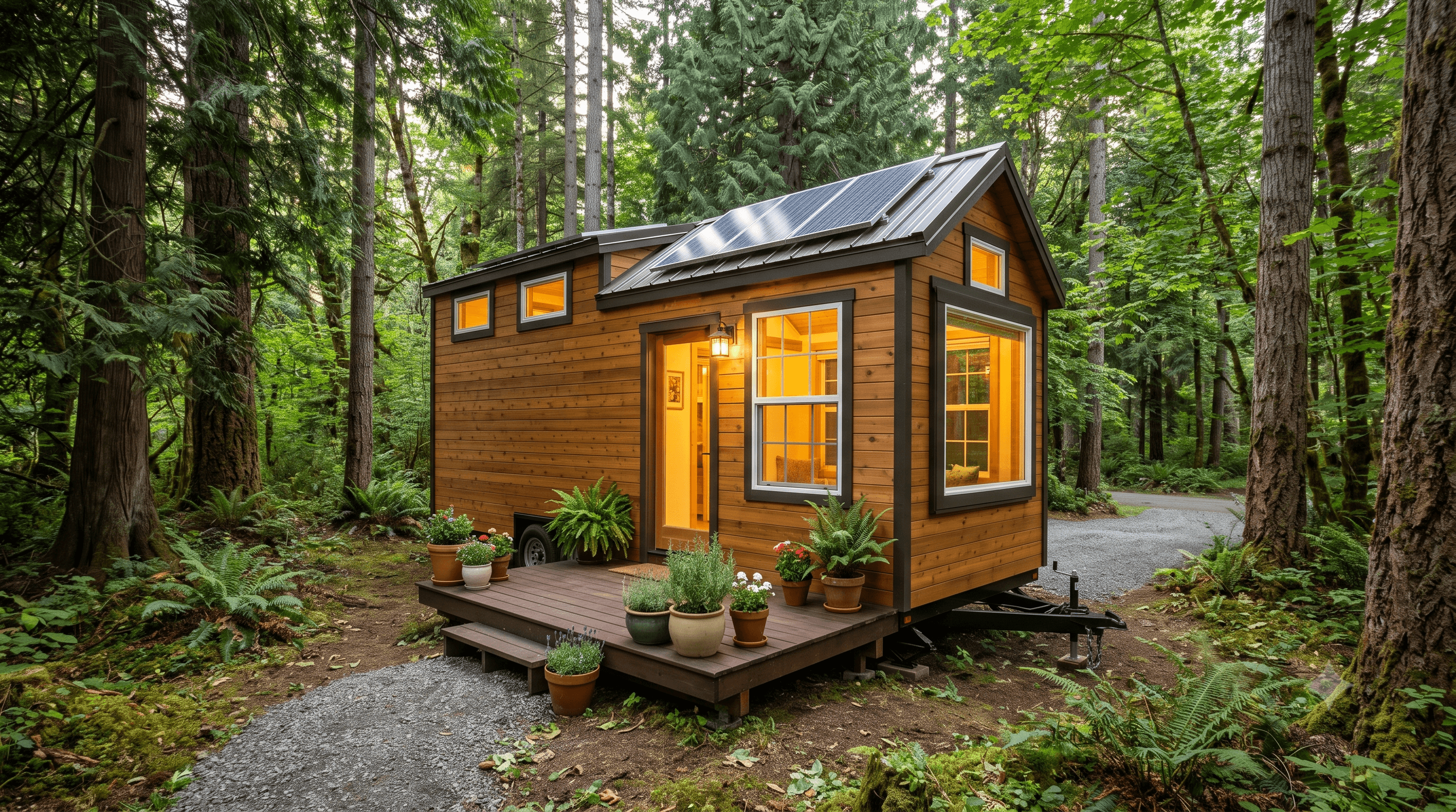 Orman içinde konumlanmış tekerlekli tiny house