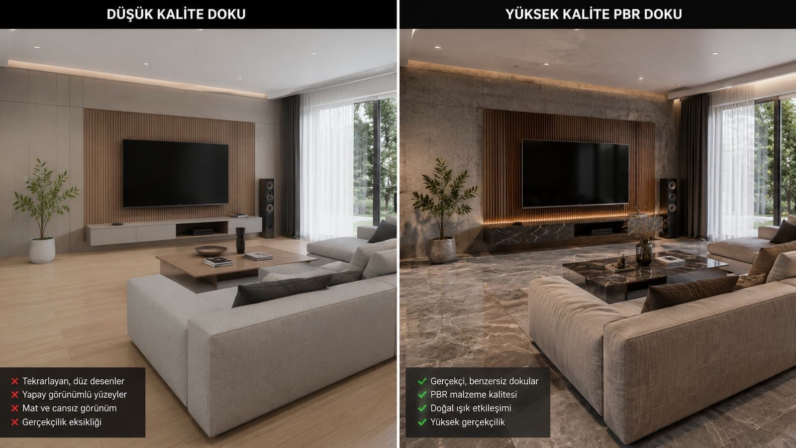 yüksek kalite vs düşük kalite doku render karşılaştırması