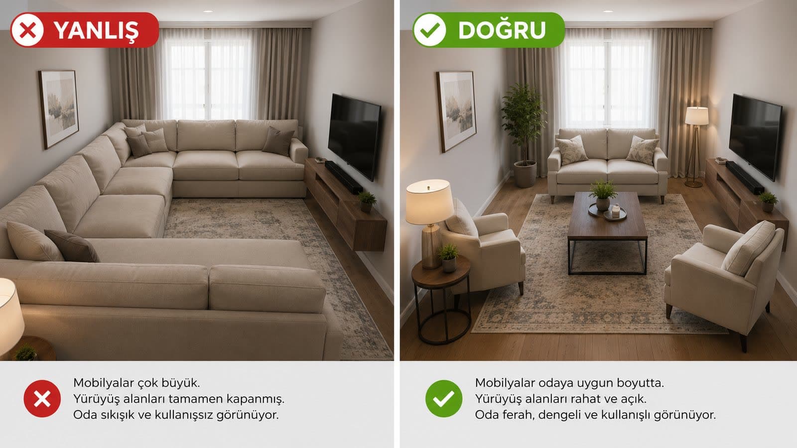 yanlış ölçekli mobilya ve doğru ölçekli mobilya karşılaştırması