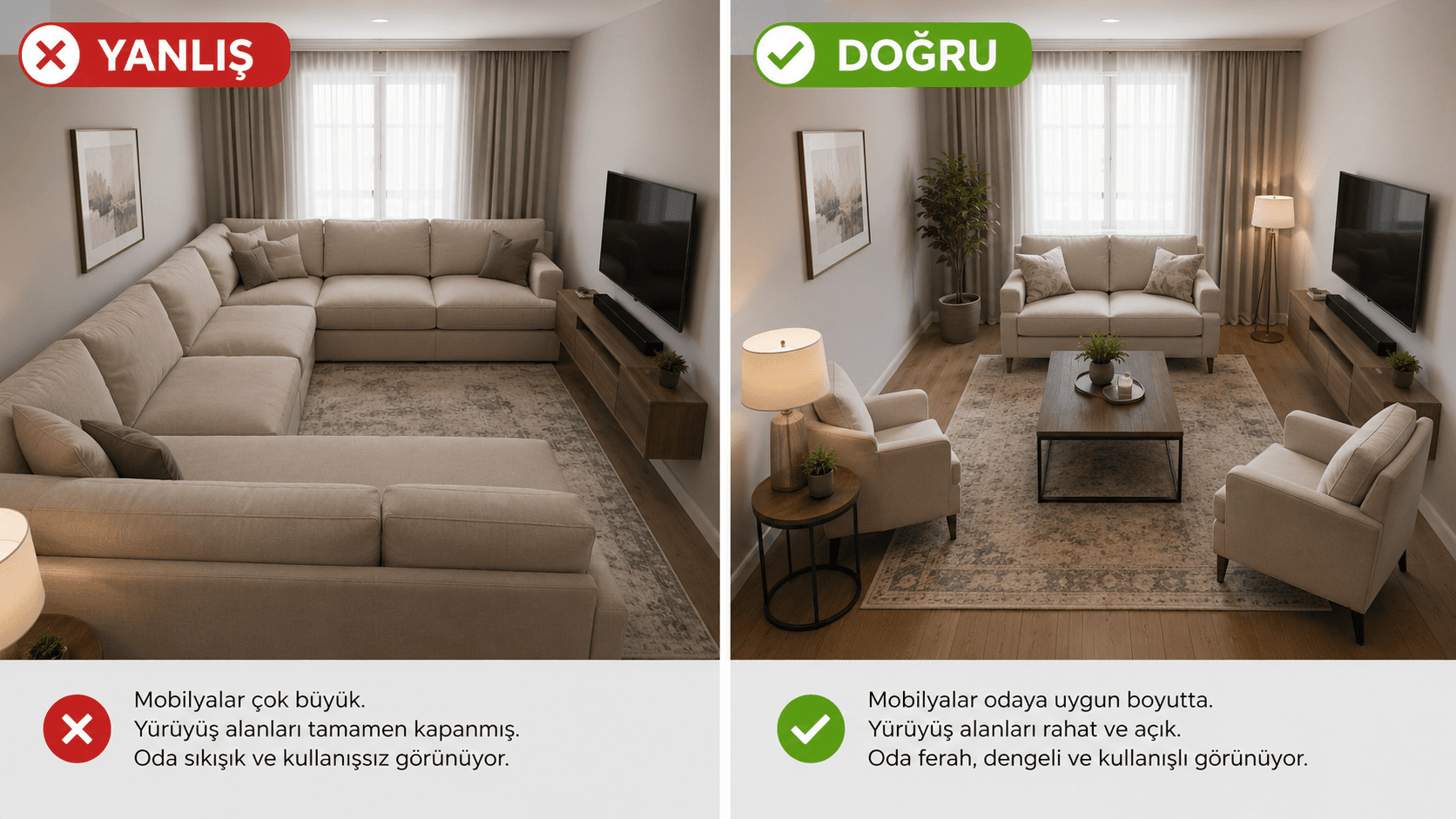 yanlış ölçekli mobilya ve doğru ölçekli mobilya karşılaştırması