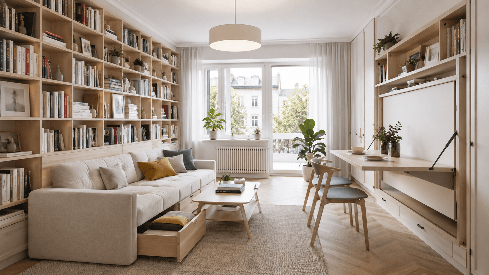 küçük salon çok amaçlı mobilya dönüşümü tasarımı