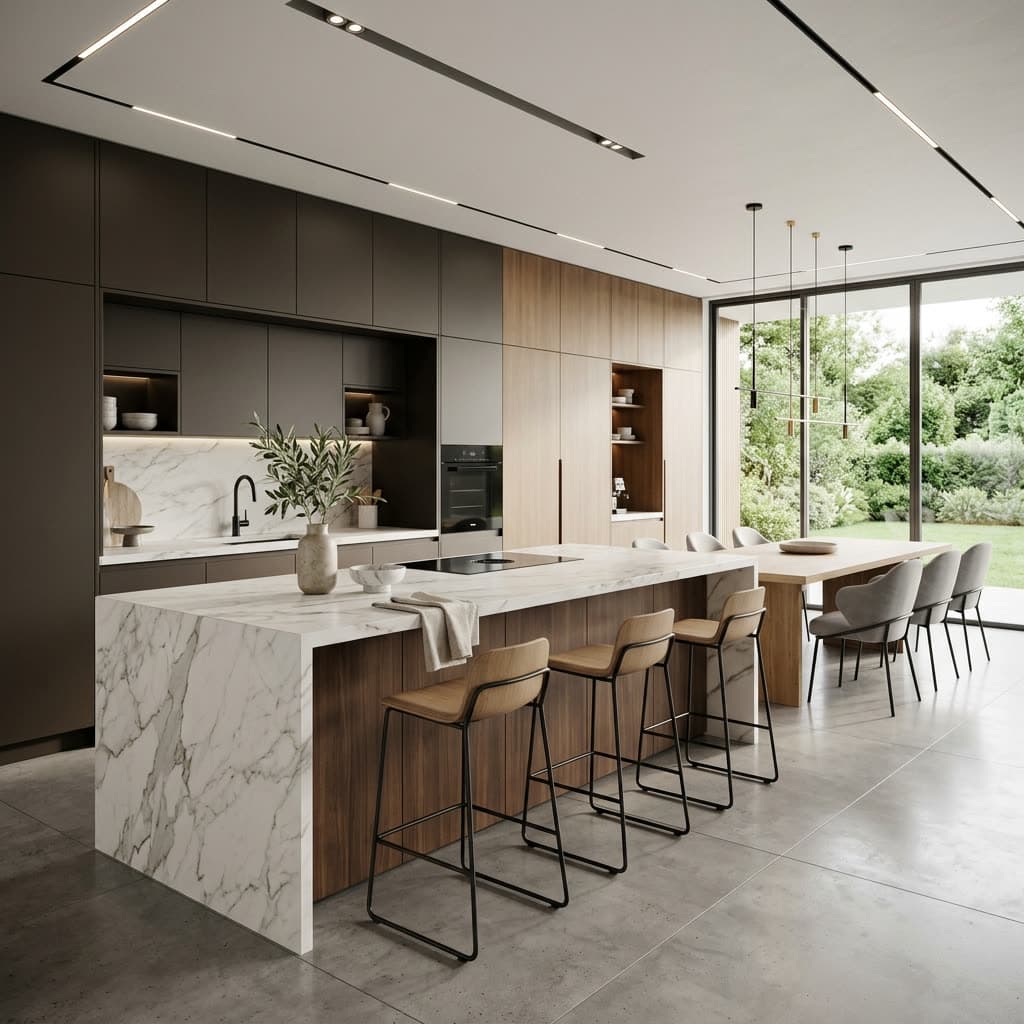 Modern ve minimalist bir mutfak adasında mermer ve metalin şık birlikteliği