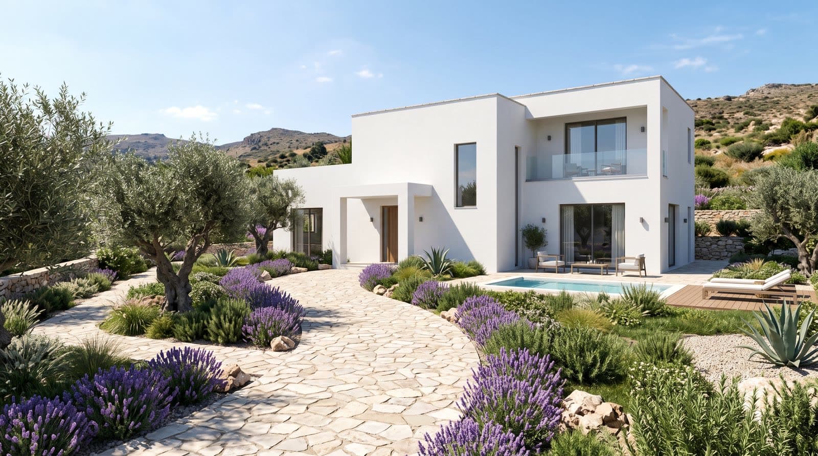 modern beyaz villa peyzaj gündüz dış cephe render