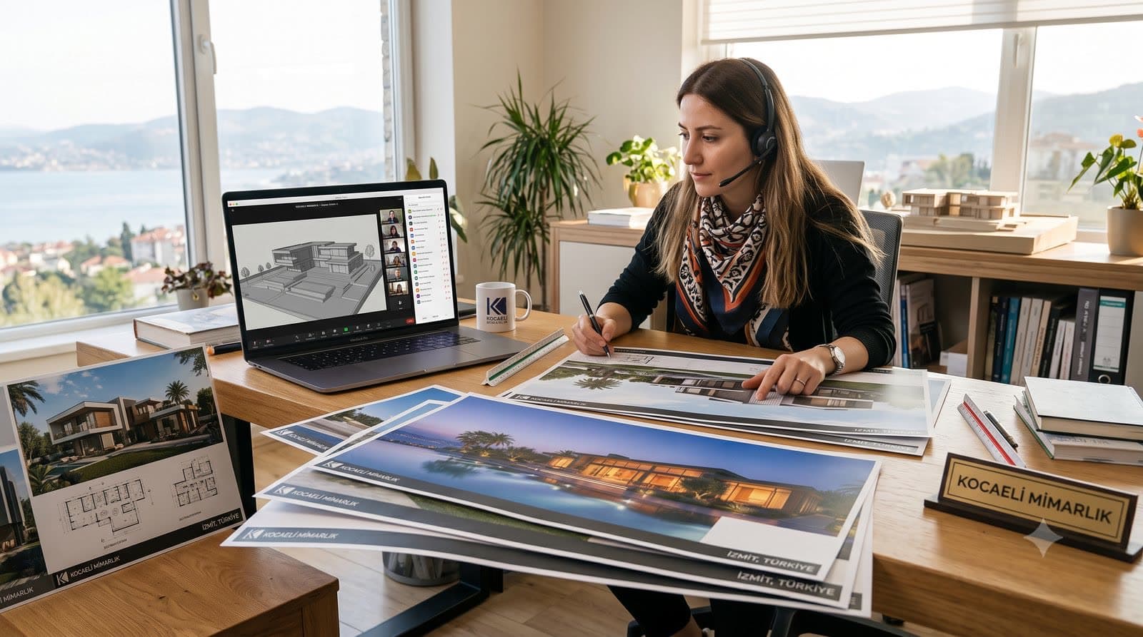 online render sunumu, video toplantısı laptop ekranı