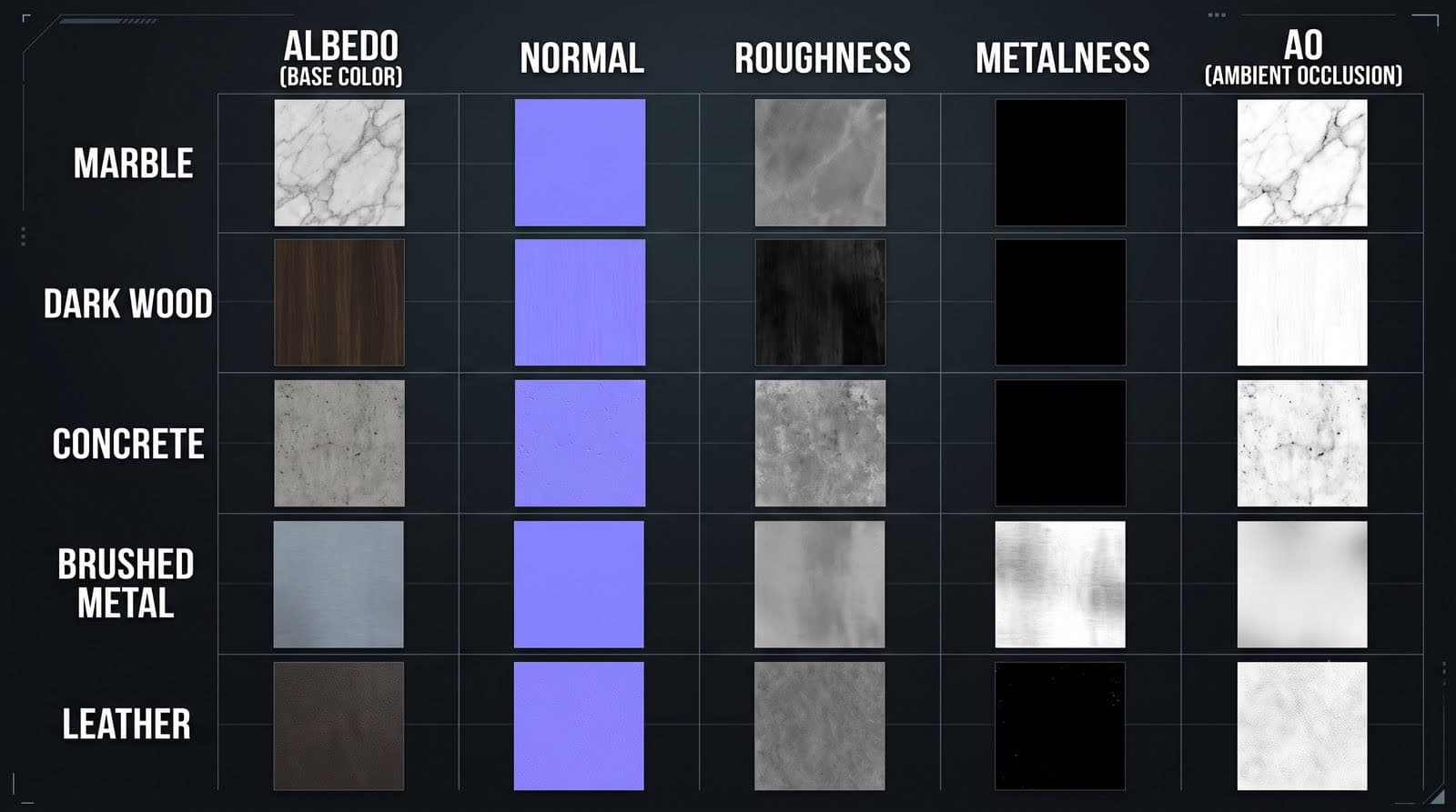 PBR doku haritaları malzeme seti grid görünümü