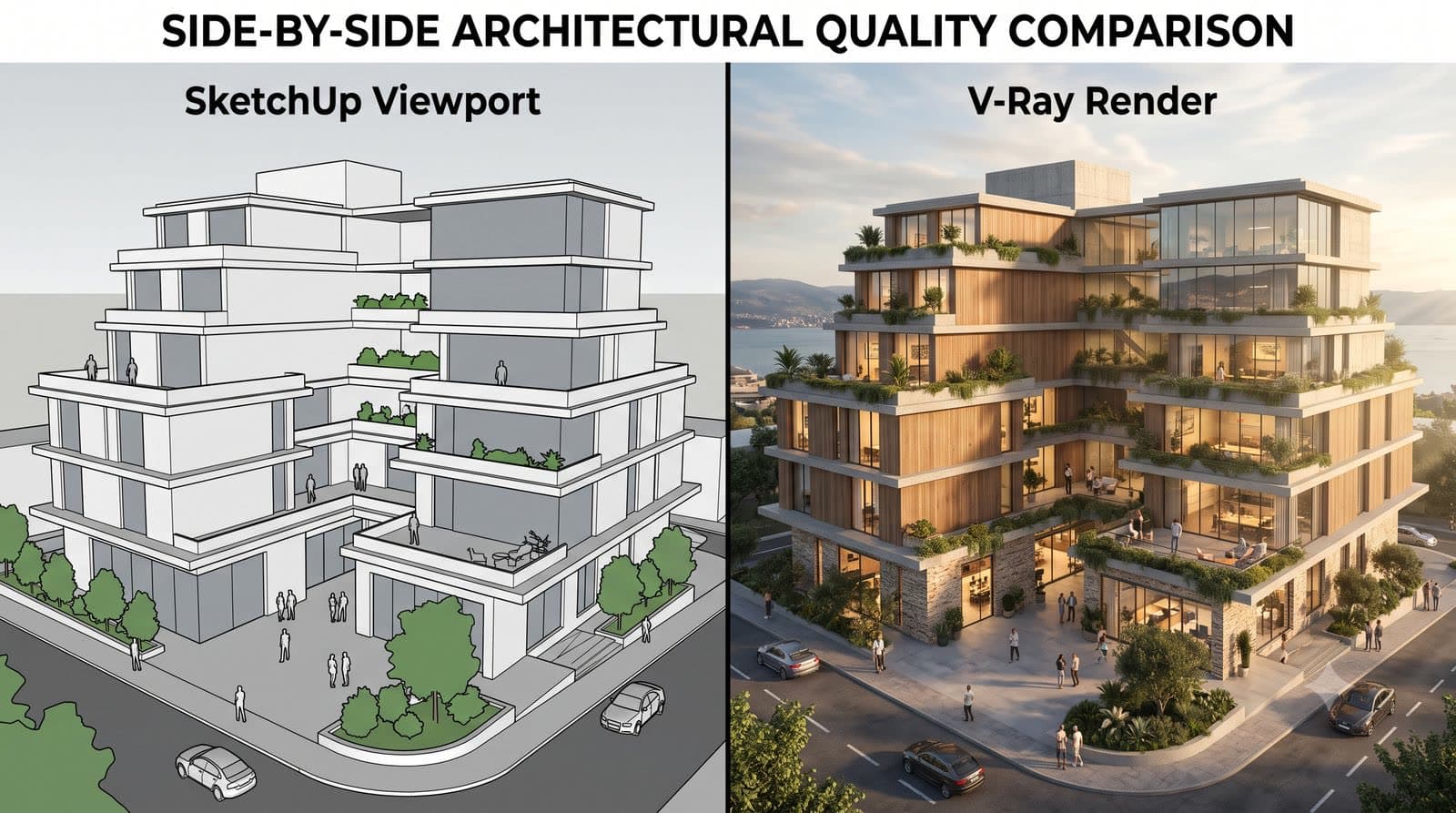 SketchUp native görünüm ve V-Ray render kalite karşılaştırması