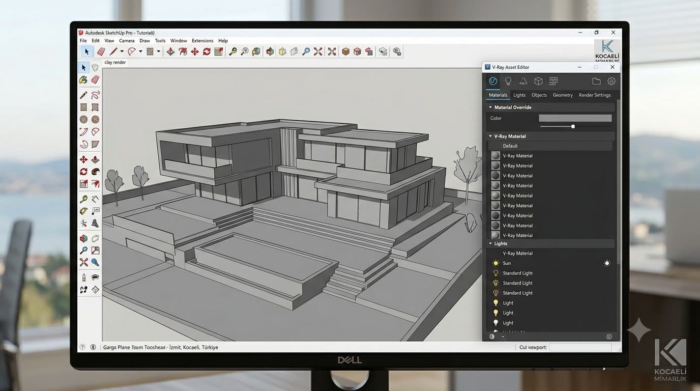 SketchUp 3D model ve V-Ray render arayüzü ekran