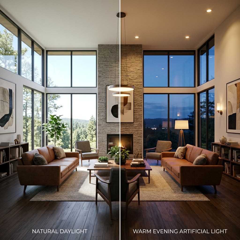 V-Ray ile iç mekanda farklı aydınlatma senaryoları; gün ışığı ve yapay ışık karşılaştırması