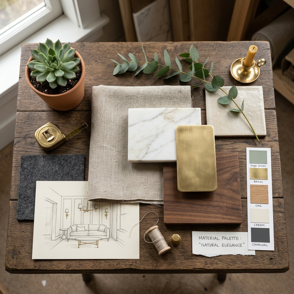 Freelance projelerde kullanılan malzeme moodboardu ve estetik tasarım detayları