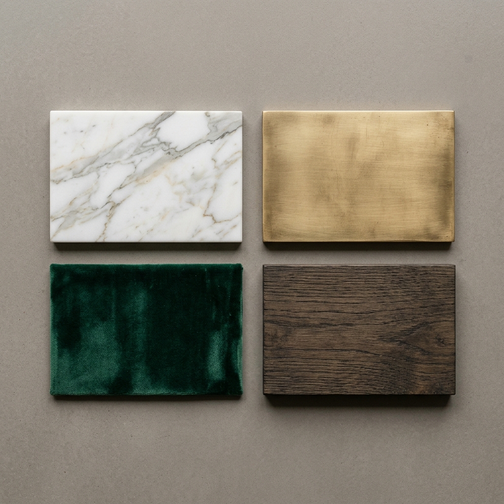 İç mimari projelerde kullanılan lüks malzeme örnekleri; mermer, pirinç ve ahşap dokuları