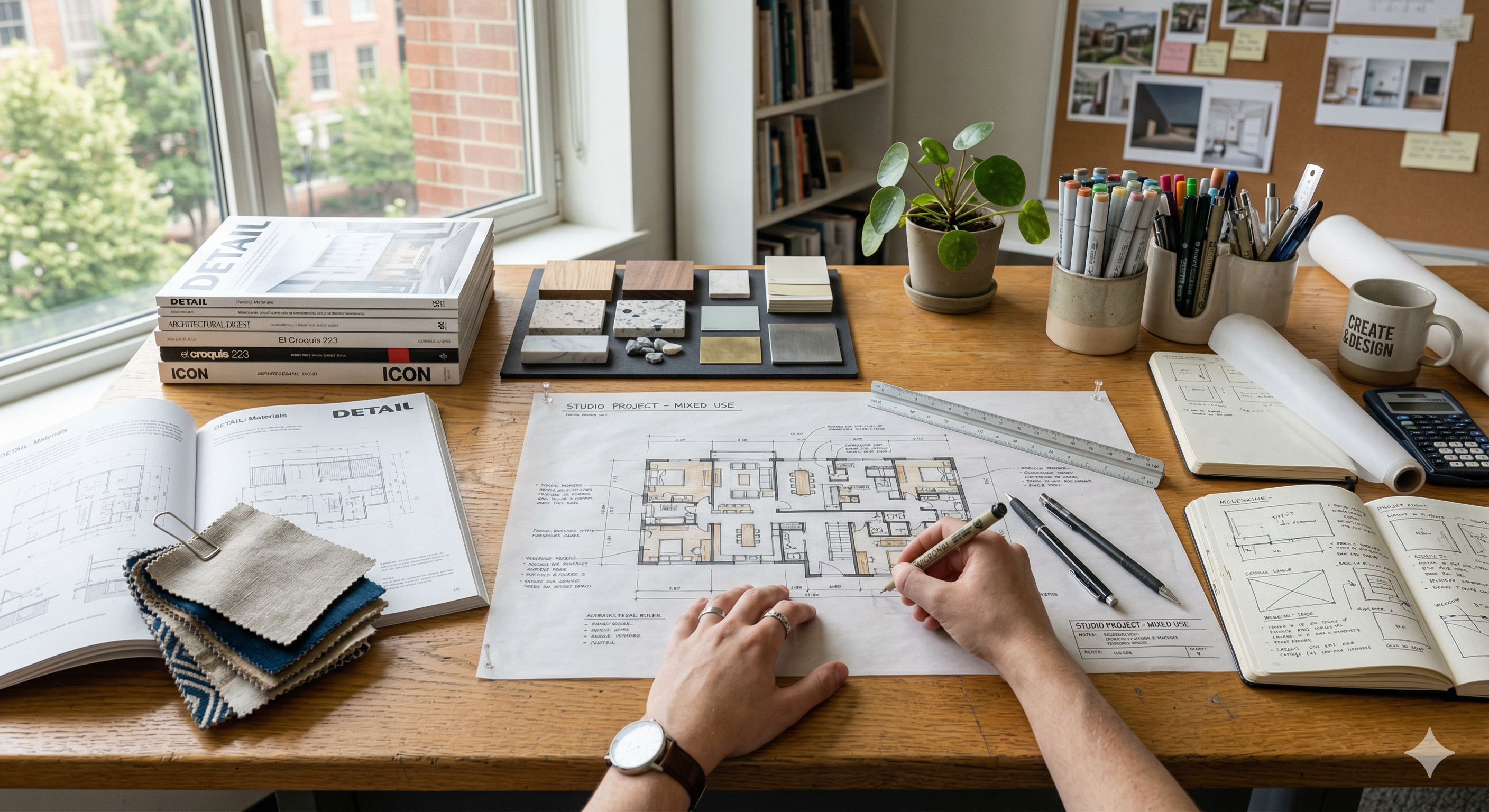 İç mimarlık öğrencisinin masası: Cetveller, kalemler, eskizler ve malzeme örnekleri.