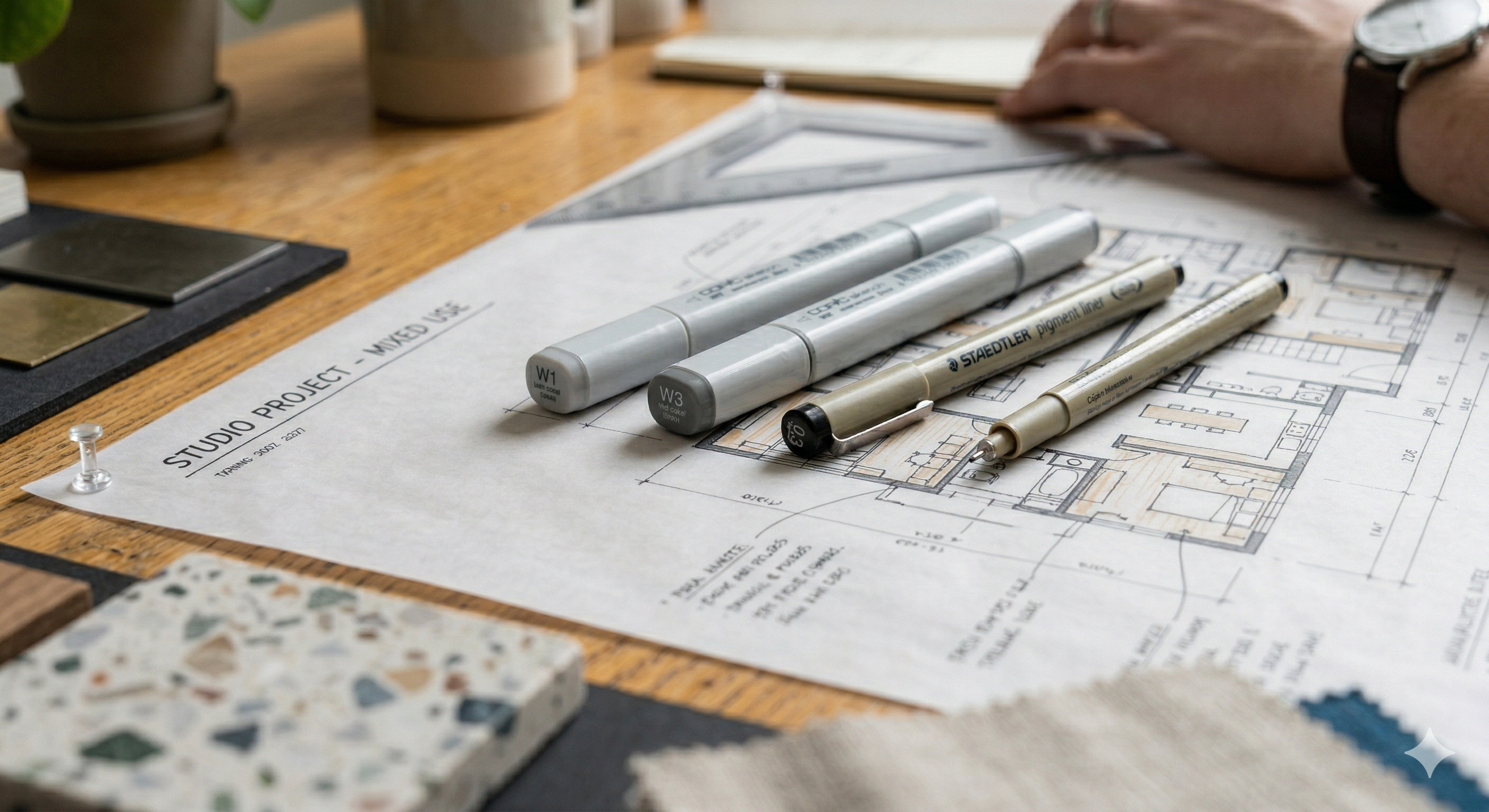 Mimar kalemleri ve markerların yakın plan çekimi.