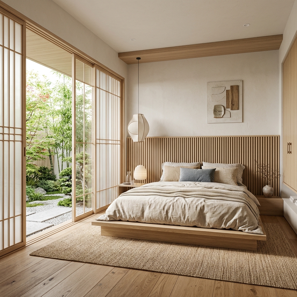 Japandi stilinde tasarlanmış, yere yakın bazalı ve doğal ahşap yatak odası projesi