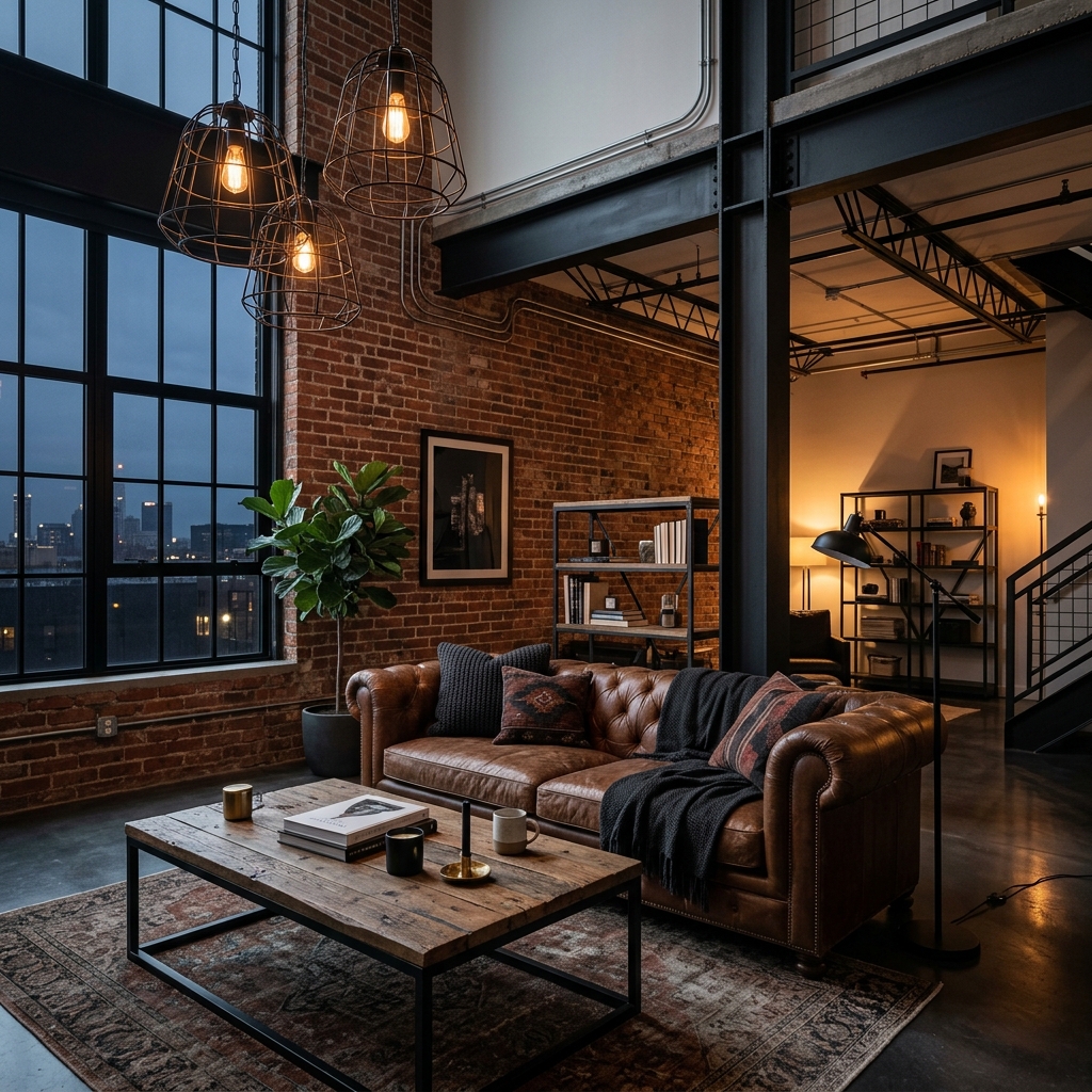Endüstriyel modern tarzda tasarlanmış, tuğla duvarlı ve metal detaylı bir yaşam alanı