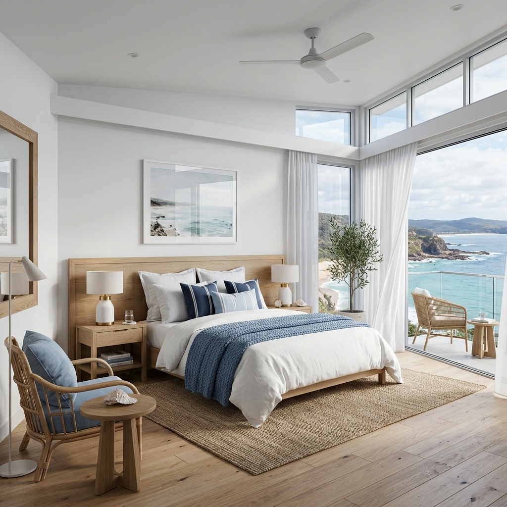 Sahil stili modern bir yatak odası, huzurlu mavi ve beyaz tonların uyumu