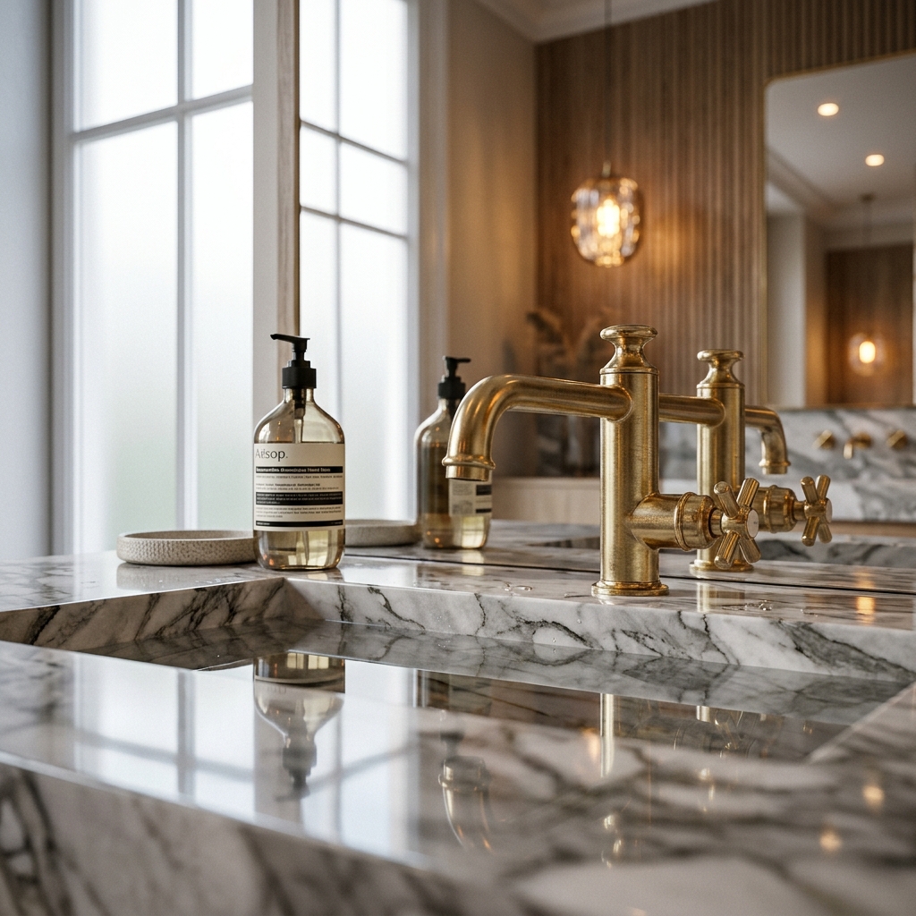 V-Ray renderda mermer ve altın detayların yüksek kaliteli yansıma ve doku detayları