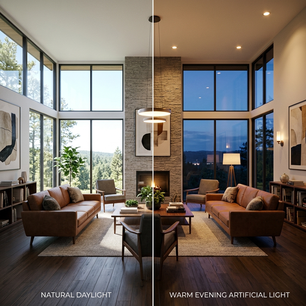 V-Ray ile iç mekanda farklı aydınlatma senaryoları; gün ışığı ve yapay ışık karşılaştırması