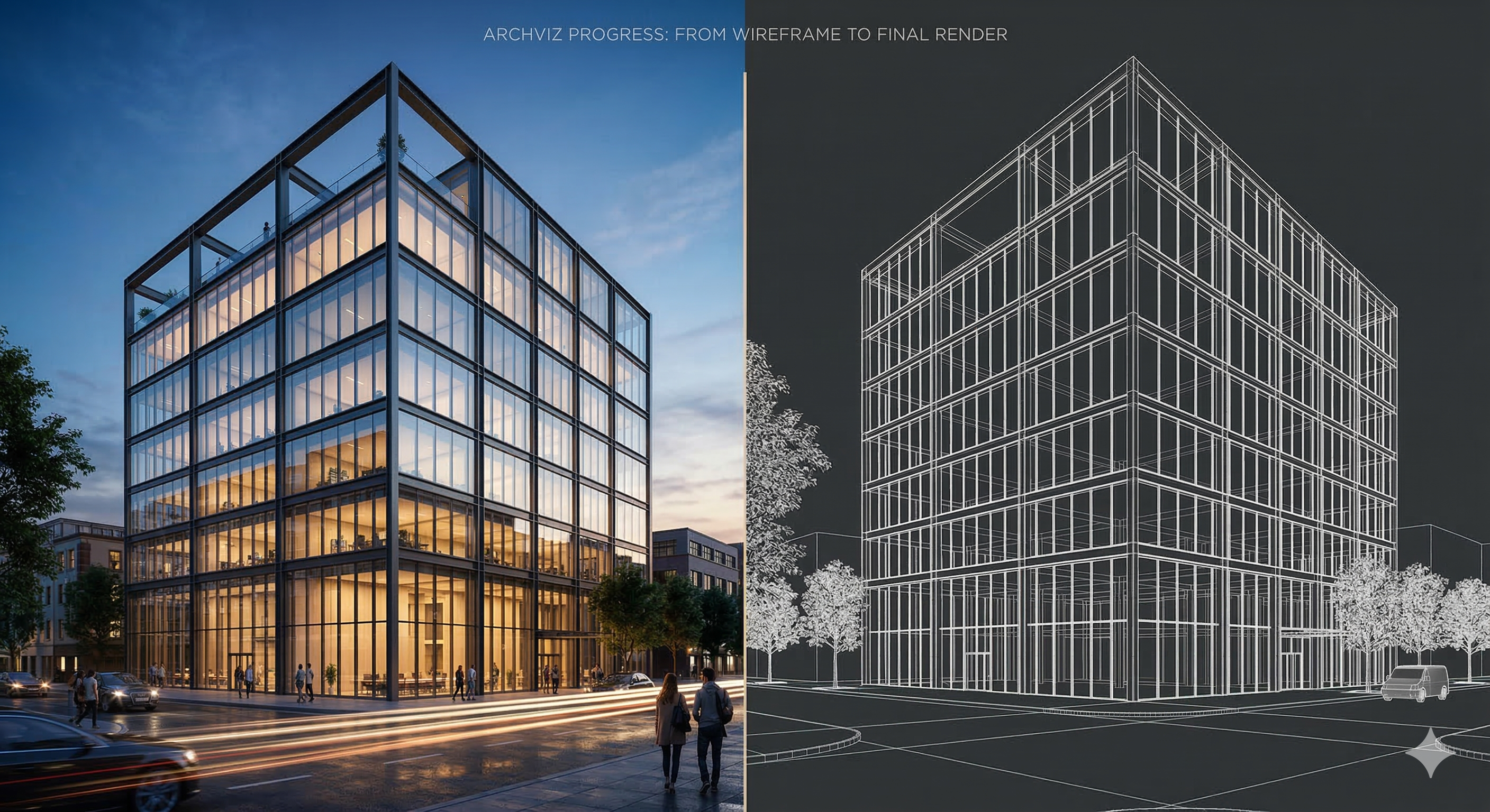 Yapay zeka ile üretilmiş bir bina cephesi konsepti ile geleneksel render karşılaştırması